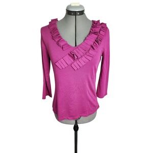 Garnet Hill Magenta Pink Ruffle V-Neck 3/4 Sleeve‎ Knit Top Small